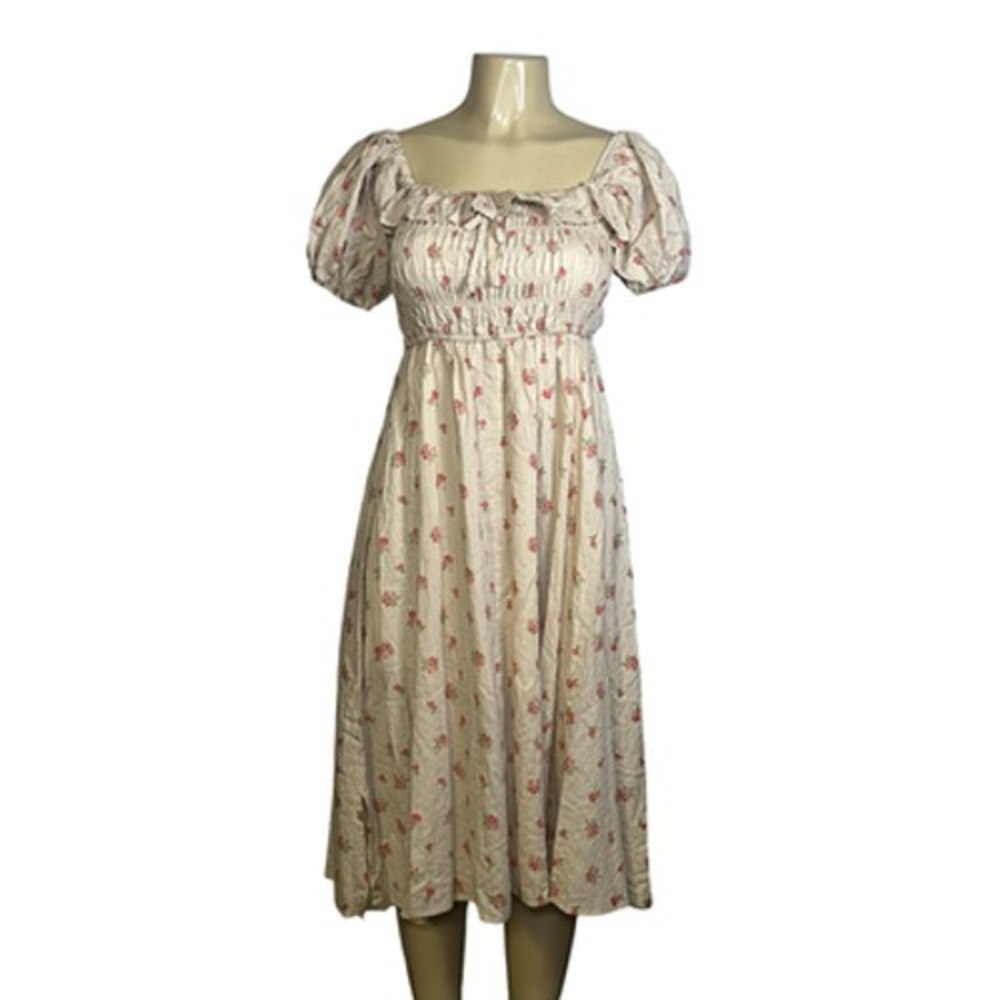 R. Vivimos Dress Womens Large Tan Floral Smocked Puff Sleeve Midi Boho